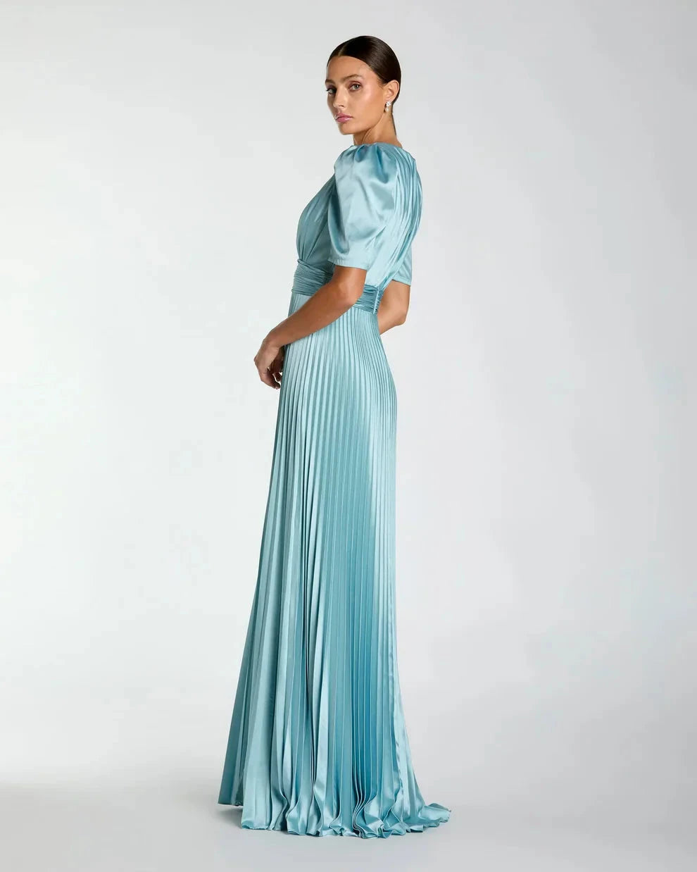 Elegant Flowy A-Line Round Neck Puff Short Sleeve Ruched Back Maxi Formal Evening Dress by LANQI DRESS