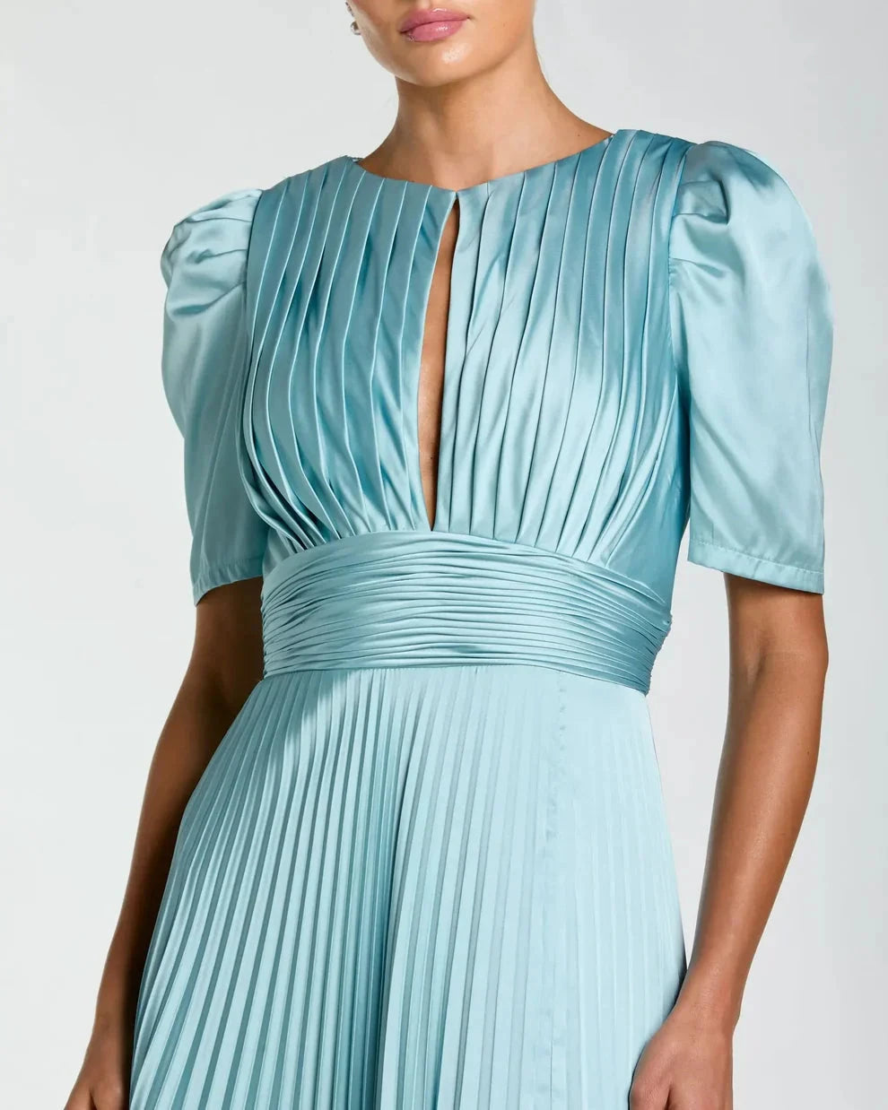 Elegant Flowy A-Line Round Neck Puff Short Sleeve Ruched Back Maxi Formal Evening Dress by LANQI DRESS
