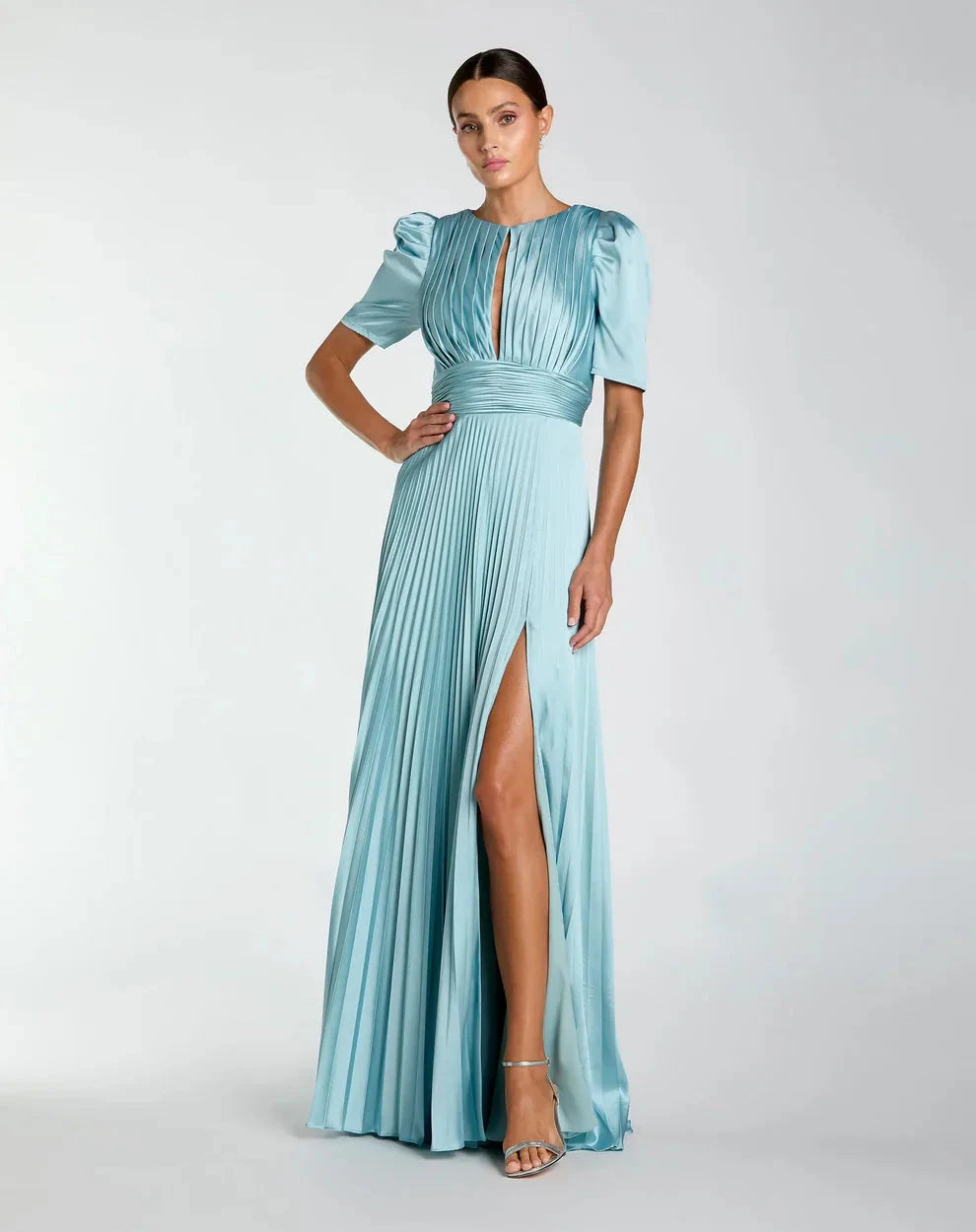 Elegant Flowy A-Line Round Neck Puff Short Sleeve Ruched Back Maxi Formal Evening Dress by LANQI DRESS