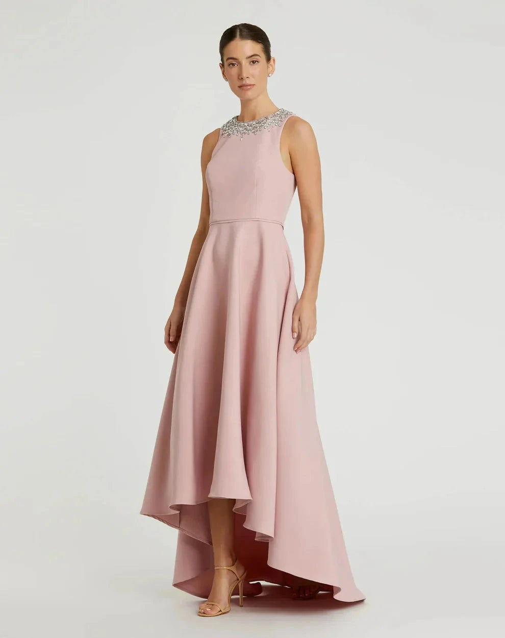Elegant Flowy A-Line Silhouette High Neck Sleeveless Crystal Embellished High-Low Maxi Evening Dress by LANQI DRESS