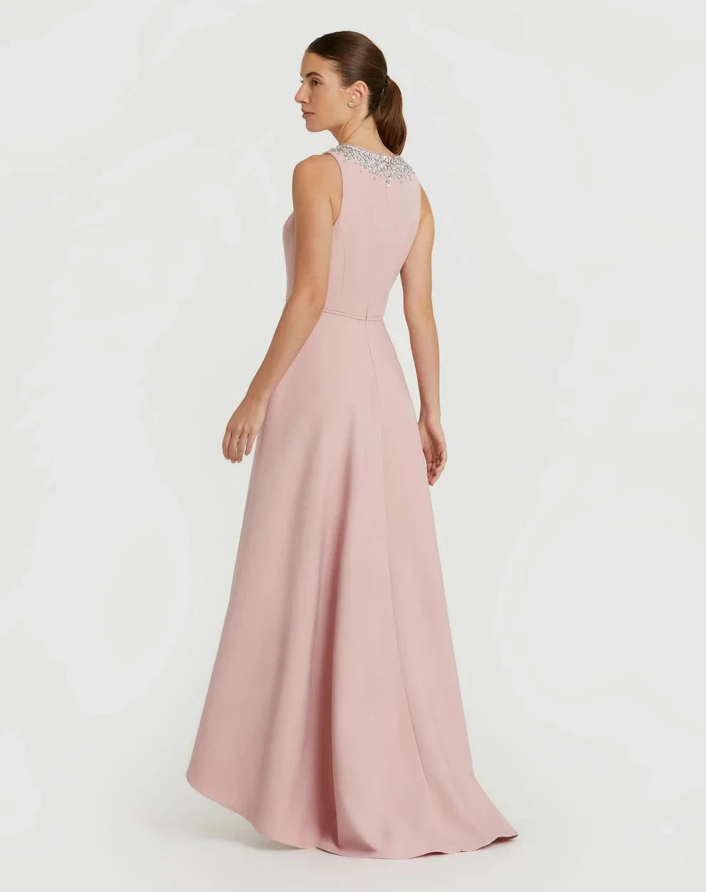 Elegant Flowy A-Line Silhouette High Neck Sleeveless Crystal Embellished High-Low Maxi Evening Dress by LANQI DRESS