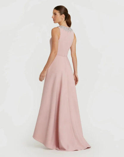 Elegant Flowy A-Line Silhouette High Neck Sleeveless Crystal Embellished High-Low Maxi Evening Dress by LANQI DRESS
