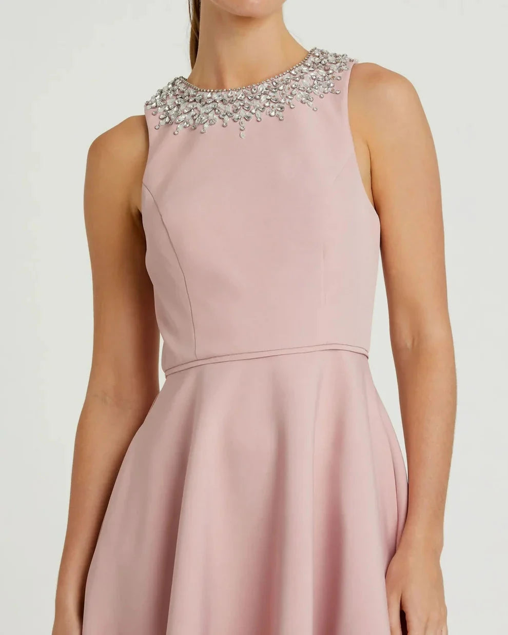 Elegant Flowy A-Line Silhouette High Neck Sleeveless Crystal Embellished High-Low Maxi Evening Dress by LANQI DRESS