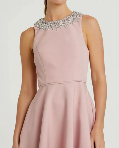 Elegant Flowy A-Line Silhouette High Neck Sleeveless Crystal Embellished High-Low Maxi Evening Dress by LANQI DRESS