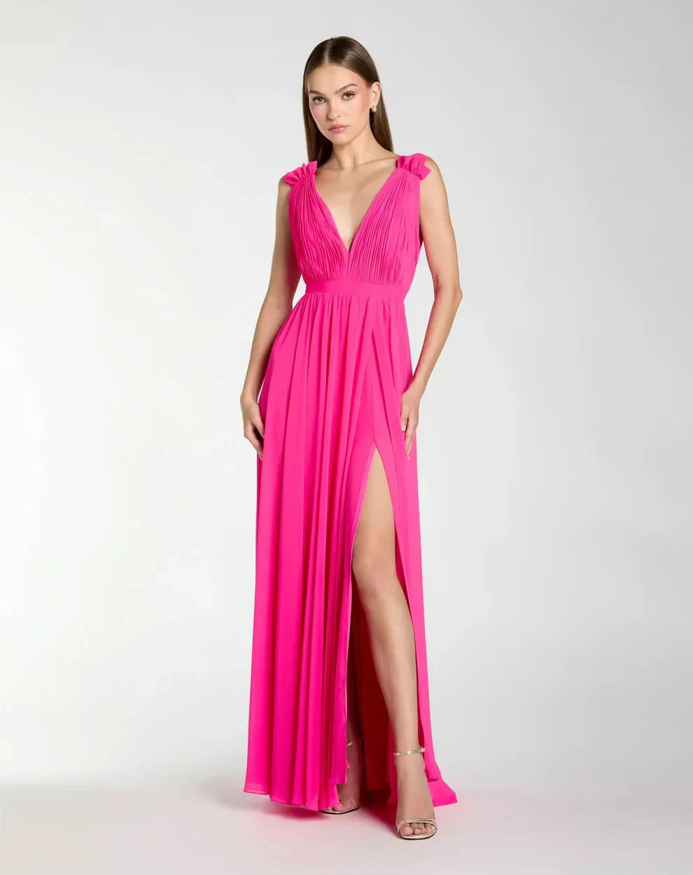 Elegant Flowy Deep V-Neck Ruffle Strap Open Back Chiffon Maxi Formal Evening Dress by LANQI DRESS