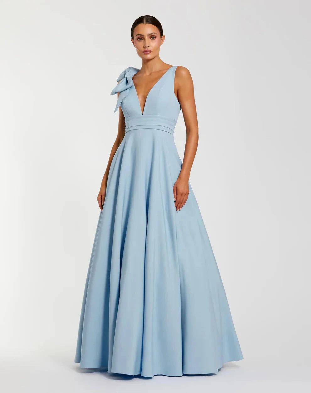 Elegant Voluminous V-Neck Bow Strap Open Back Pocketed Maxi Formal Evening Dress by LANQI DRESS