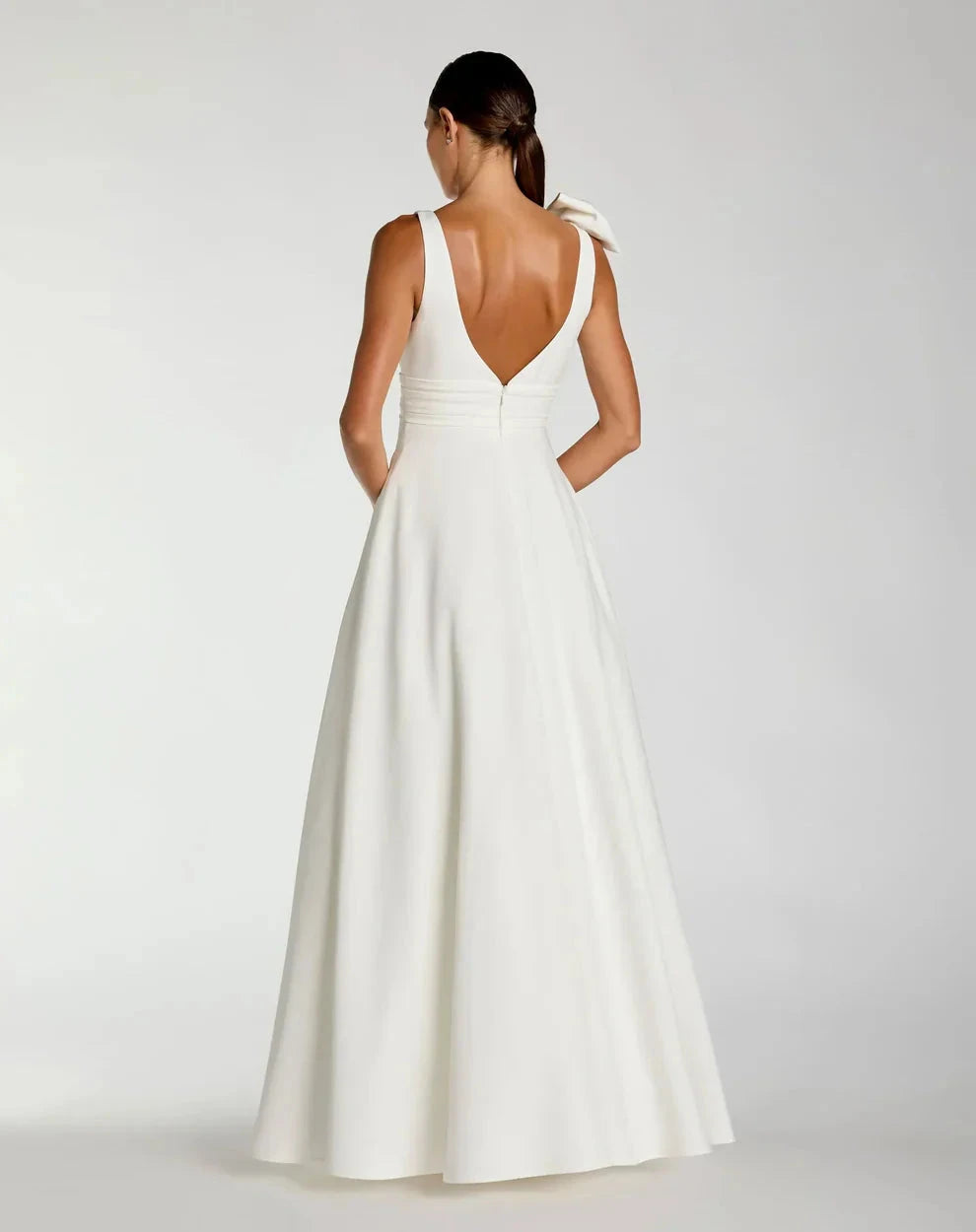 Elegant Voluminous V-Neck Bow Strap Open Back Pocketed Maxi Formal Evening Dress by LANQI DRESS