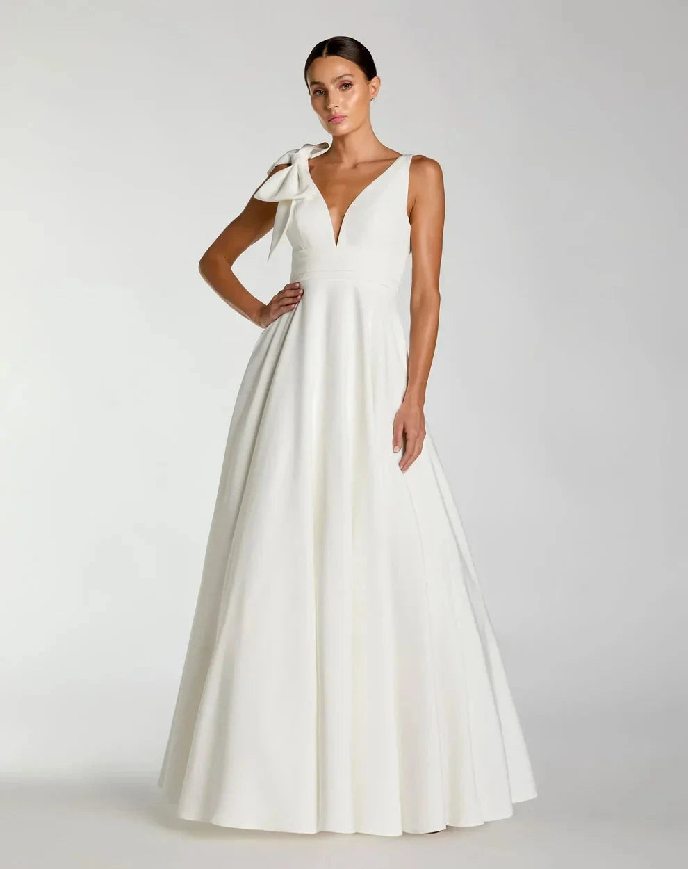 Elegant Voluminous V-Neck Bow Strap Open Back Pocketed Maxi Formal Evening Dress by LANQI DRESS