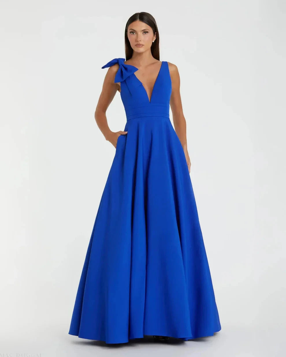 Elegant Voluminous V-Neck Bow Strap Open Back Pocketed Maxi Formal Evening Dress by LANQI DRESS