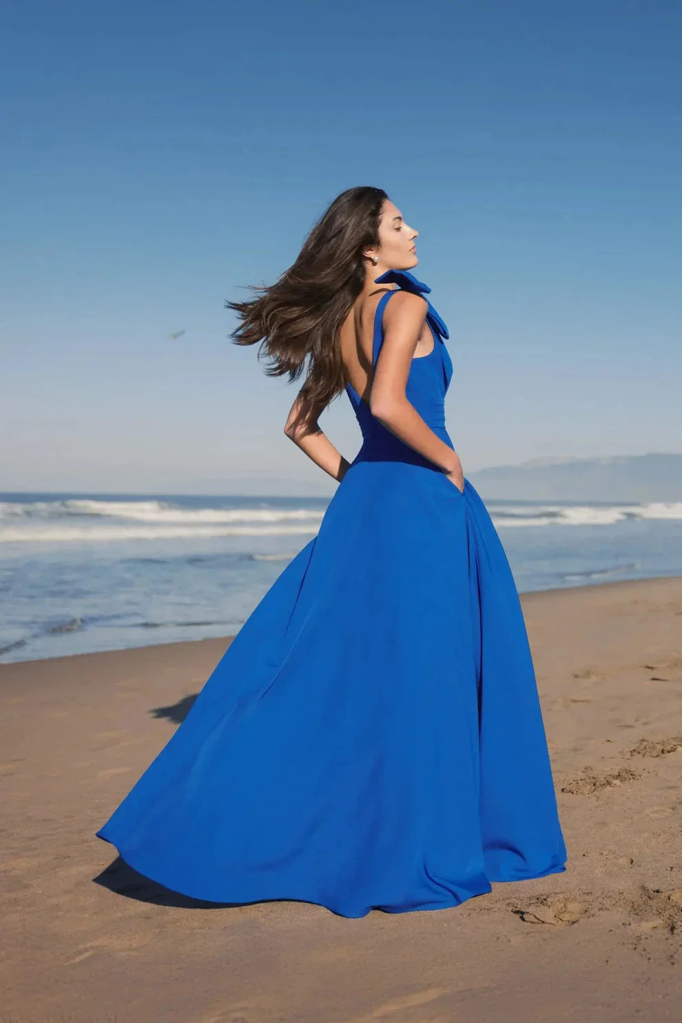 Elegant Voluminous V-Neck Bow Strap Open Back Pocketed Maxi Formal Evening Dress by LANQI DRESS