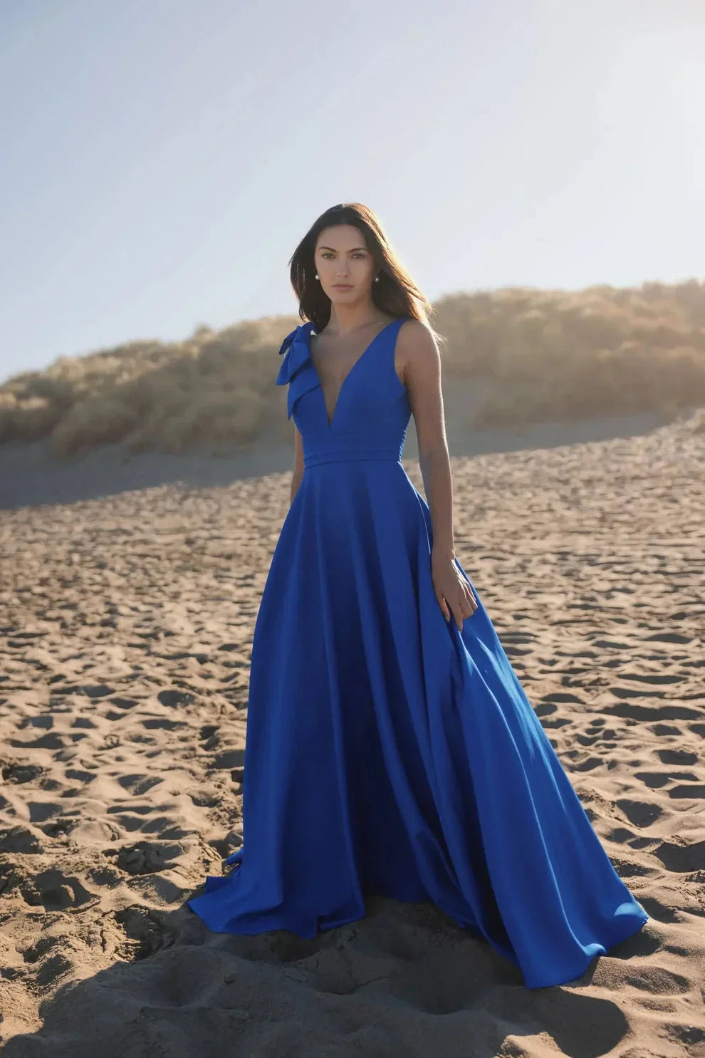 Elegant Voluminous V-Neck Bow Strap Open Back Pocketed Maxi Formal Evening Dress by LANQI DRESS