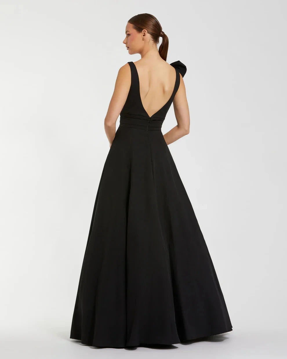 Elegant Voluminous V-Neck Bow Strap Open Back Pocketed Maxi Formal Evening Dress by LANQI DRESS