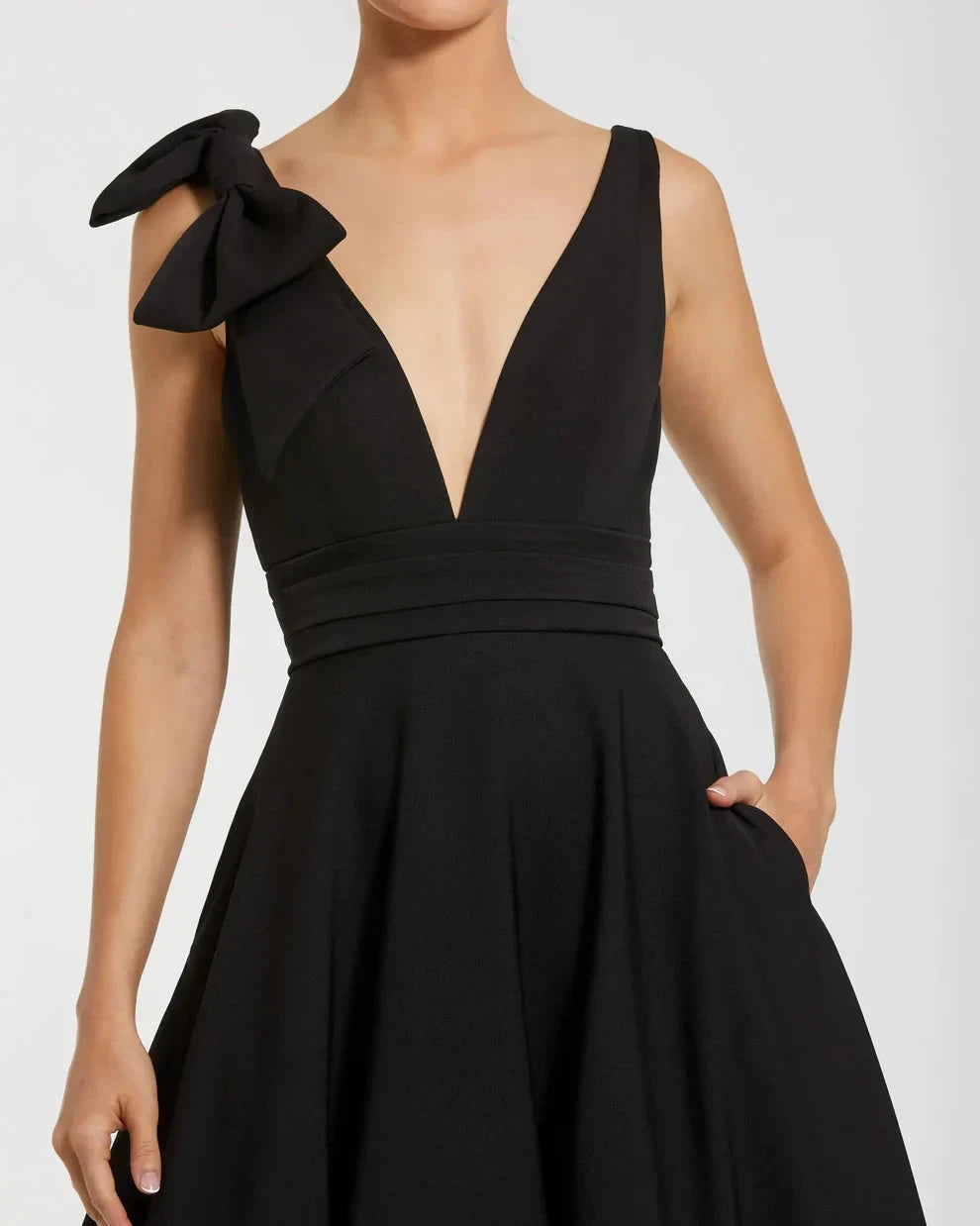 Elegant Voluminous V-Neck Bow Strap Open Back Pocketed Maxi Formal Evening Dress by LANQI DRESS