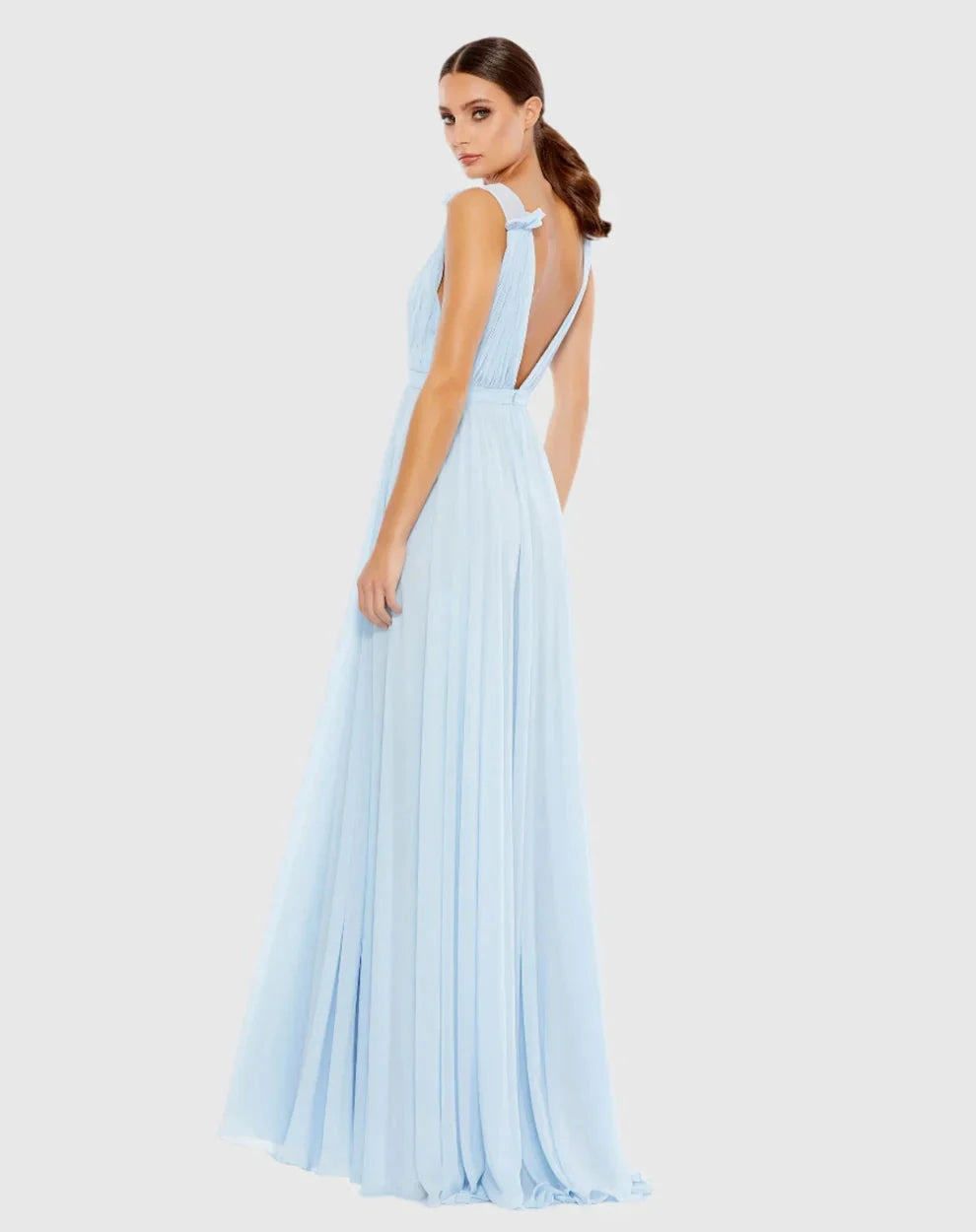 Elegant Flowy Deep V-Neck Ruffle Strap Open Back Chiffon Maxi Formal Evening Dress by LANQI DRESS