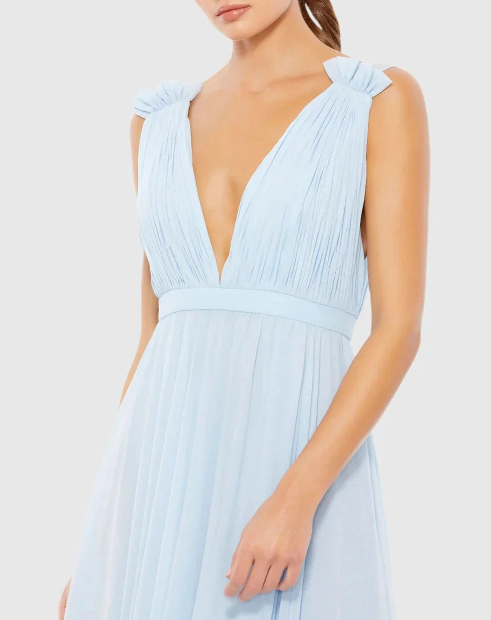 Elegant Flowy Deep V-Neck Ruffle Strap Open Back Chiffon Maxi Formal Evening Dress by LANQI DRESS