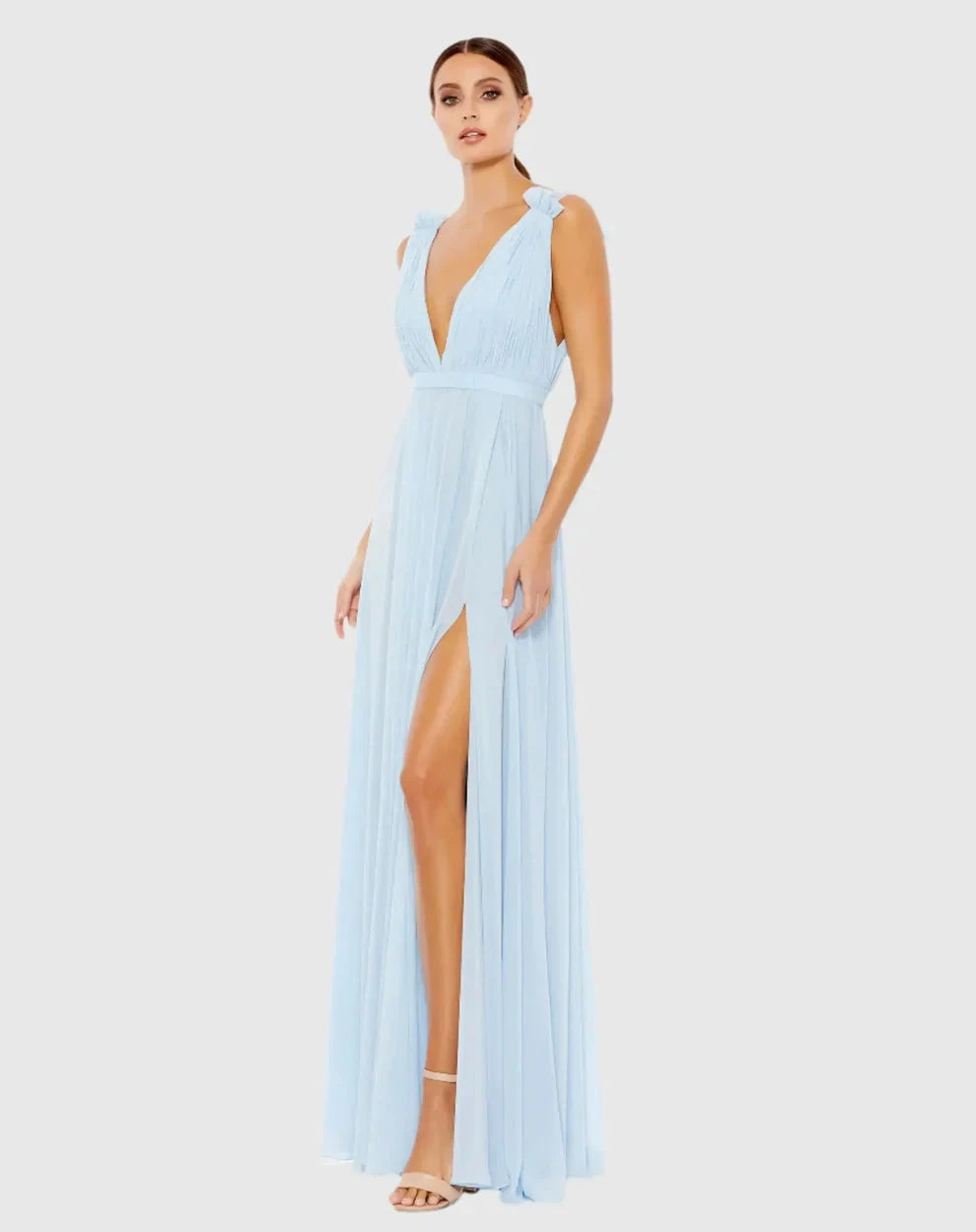 Elegant Flowy Deep V-Neck Ruffle Strap Open Back Chiffon Maxi Formal Evening Dress by LANQI DRESS