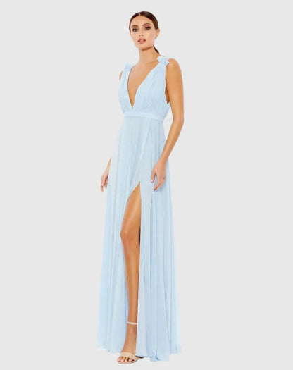 Elegant Flowy Deep V-Neck Ruffle Strap Open Back Chiffon Maxi Formal Evening Dress by LANQI DRESS
