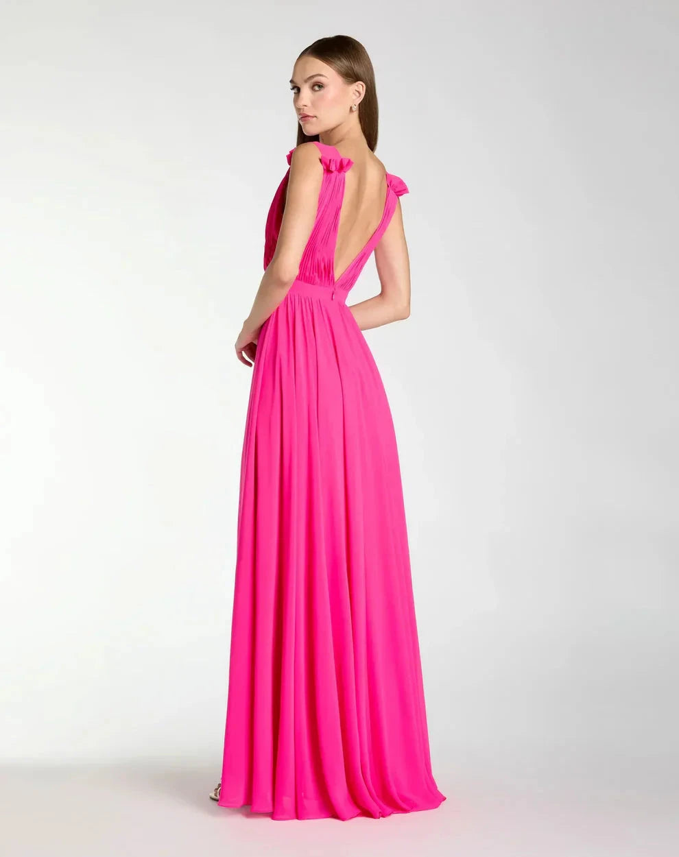 Elegant Flowy Deep V-Neck Ruffle Strap Open Back Chiffon Maxi Formal Evening Dress by LANQI DRESS