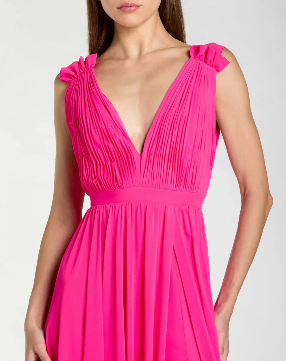 Elegant Flowy Deep V-Neck Ruffle Strap Open Back Chiffon Maxi Formal Evening Dress by LANQI DRESS