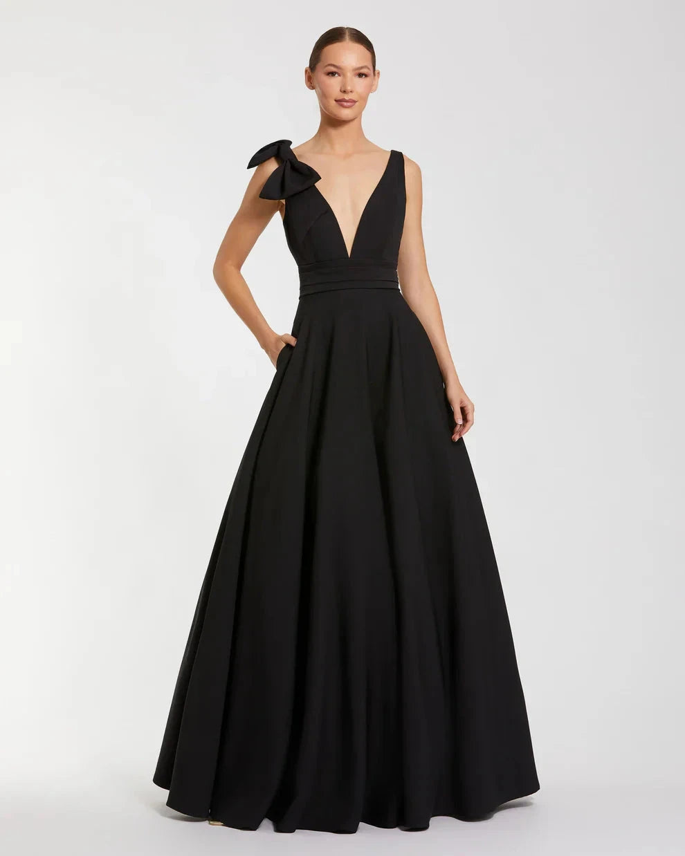Elegant Voluminous V-Neck Bow Strap Open Back Pocketed Maxi Formal Evening Dress by LANQI DRESS