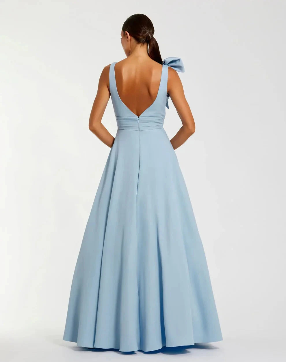 Elegant Voluminous V-Neck Bow Strap Open Back Pocketed Maxi Formal Evening Dress by LANQI DRESS