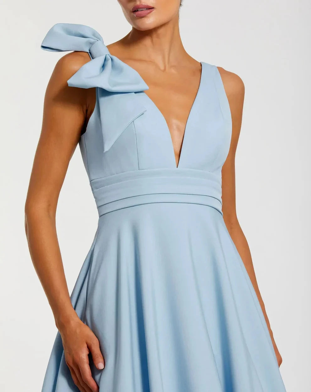 Elegant Voluminous V-Neck Bow Strap Open Back Pocketed Maxi Formal Evening Dress by LANQI DRESS