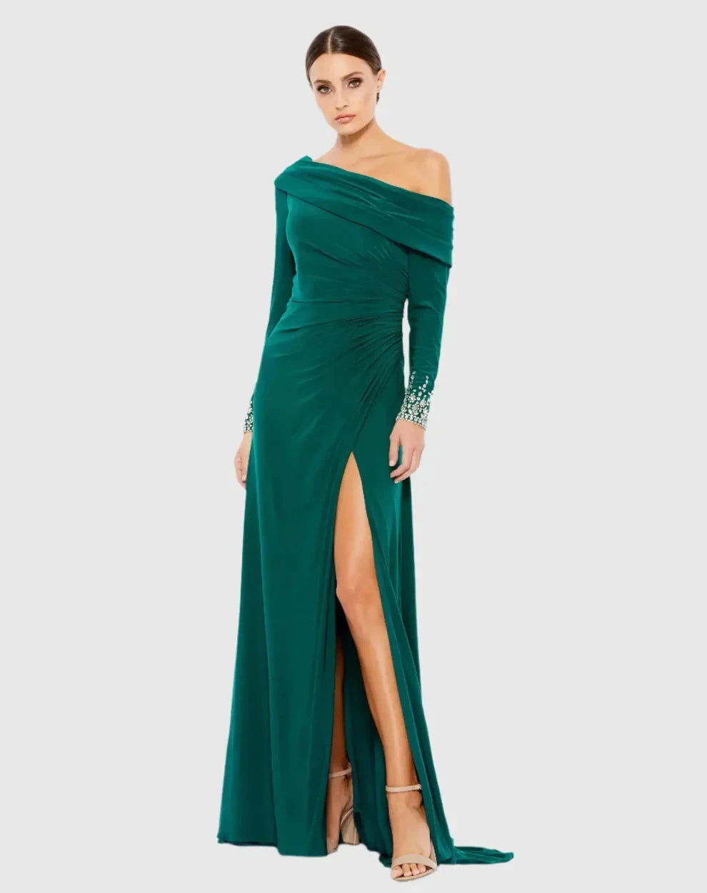 Elegant Form-Fitting One-Shoulder Long Sleeve Beaded Open Back Jersey Maxi Evening Dress by LANQI DRESS