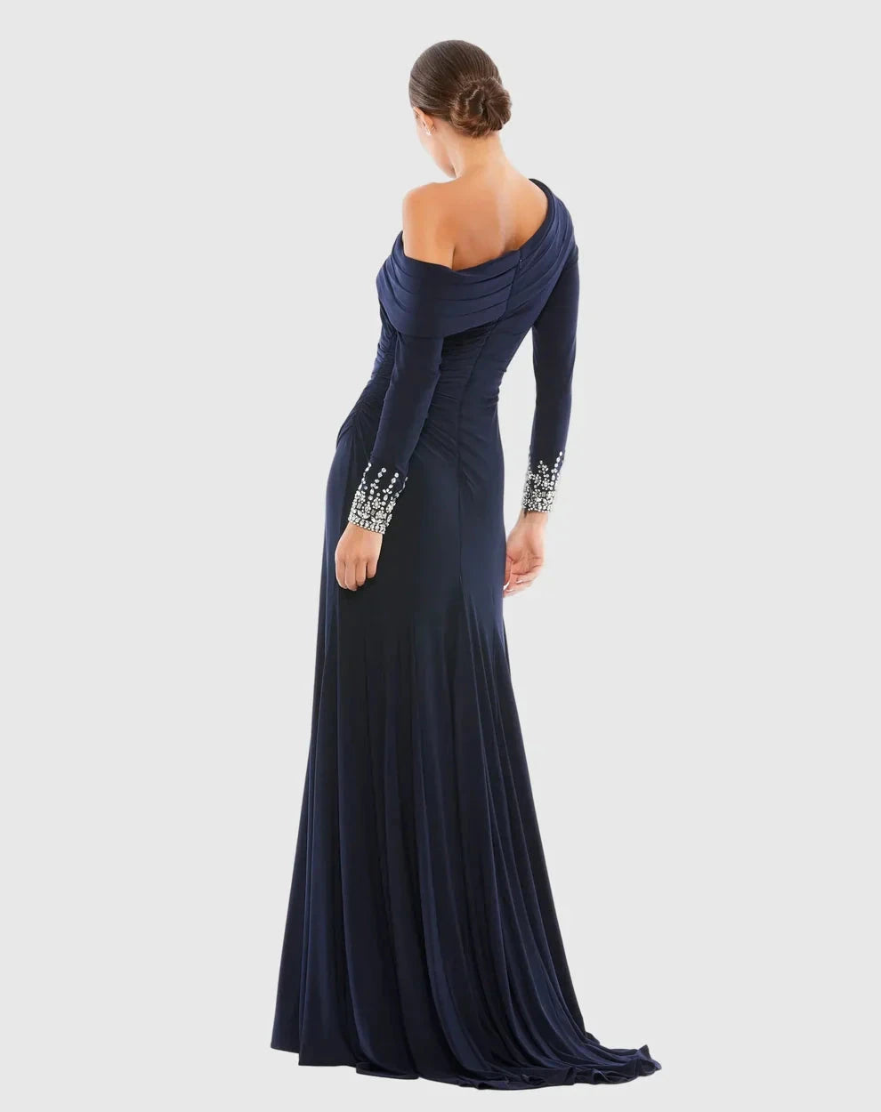 Elegant Form-Fitting One-Shoulder Long Sleeve Beaded Open Back Jersey Maxi Evening Dress by LANQI DRESS