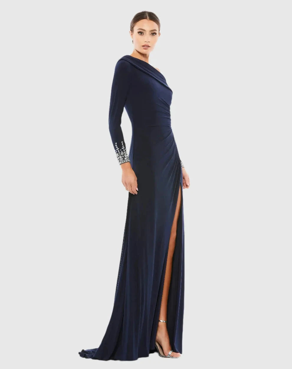 Elegant Form-Fitting One-Shoulder Long Sleeve Beaded Open Back Jersey Maxi Evening Dress by LANQI DRESS