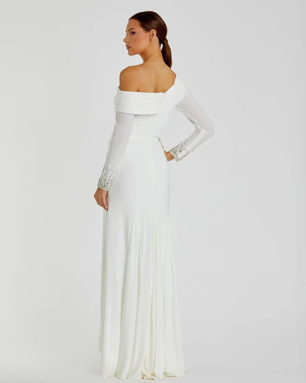 Elegant Form-Fitting One-Shoulder Long Sleeve Beaded Open Back Jersey Maxi Evening Dress by LANQI DRESS