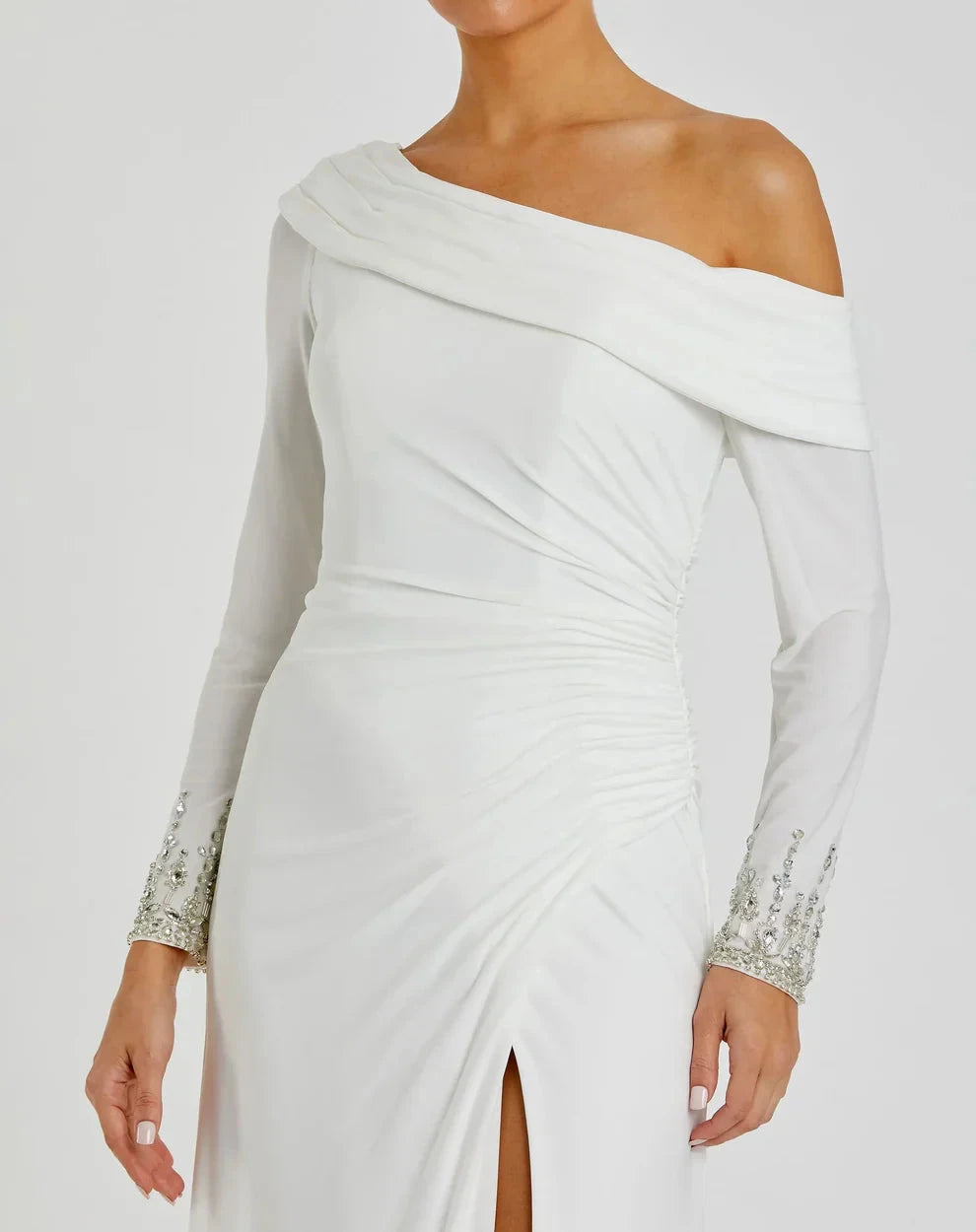 Elegant Form-Fitting One-Shoulder Long Sleeve Beaded Open Back Jersey Maxi Evening Dress by LANQI DRESS