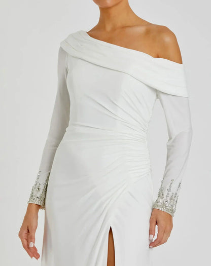 Elegant Form-Fitting One-Shoulder Long Sleeve Beaded Open Back Jersey Maxi Evening Dress by LANQI DRESS