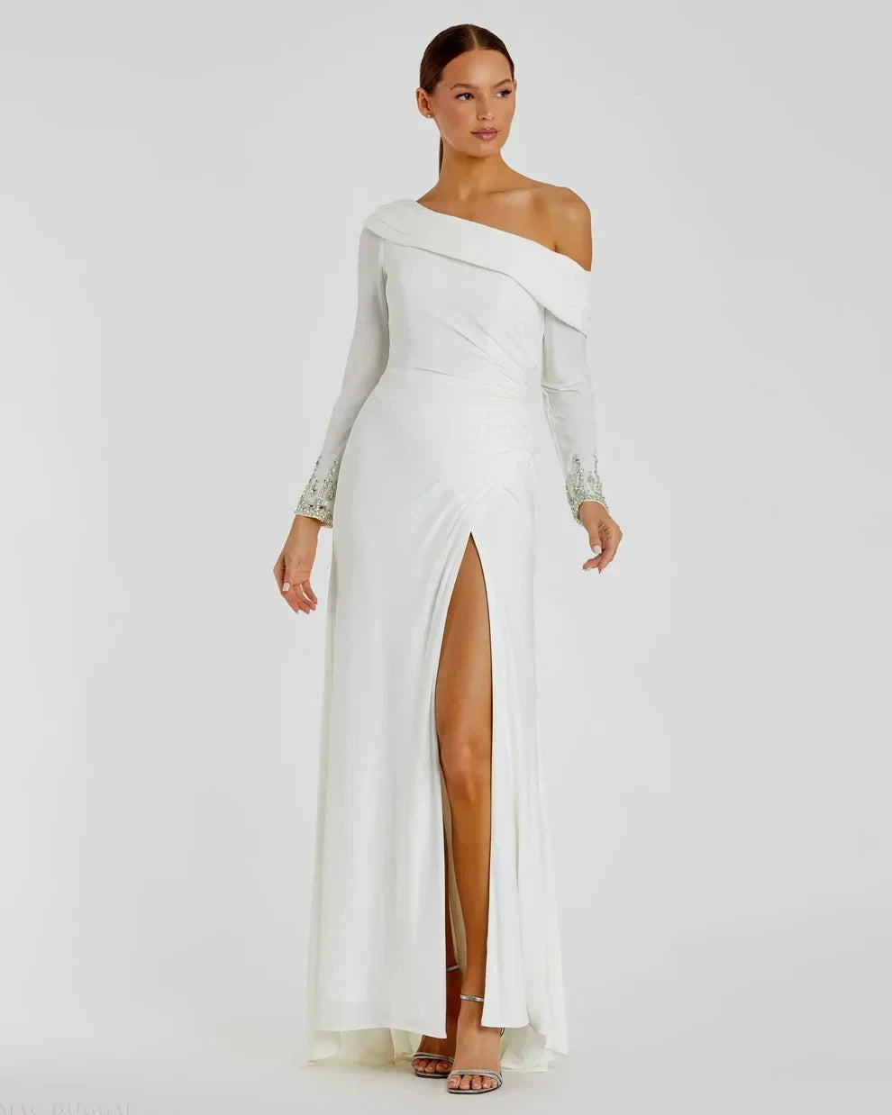 Elegant Form-Fitting One-Shoulder Long Sleeve Beaded Open Back Jersey Maxi Evening Dress by LANQI DRESS