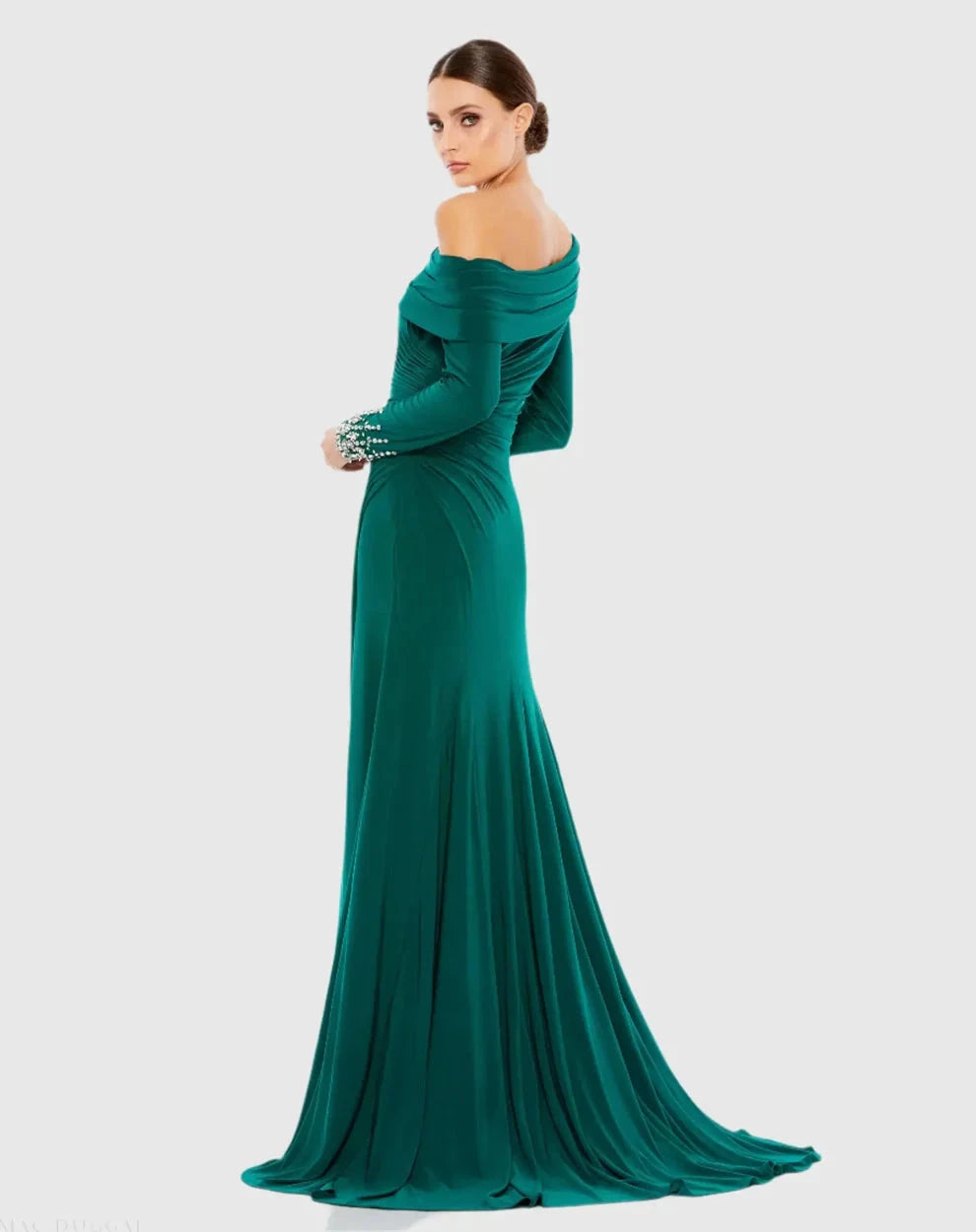 Elegant Form-Fitting One-Shoulder Long Sleeve Beaded Open Back Jersey Maxi Evening Dress by LANQI DRESS