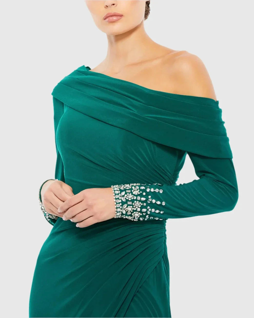 Elegant Form-Fitting One-Shoulder Long Sleeve Beaded Open Back Jersey Maxi Evening Dress by LANQI DRESS