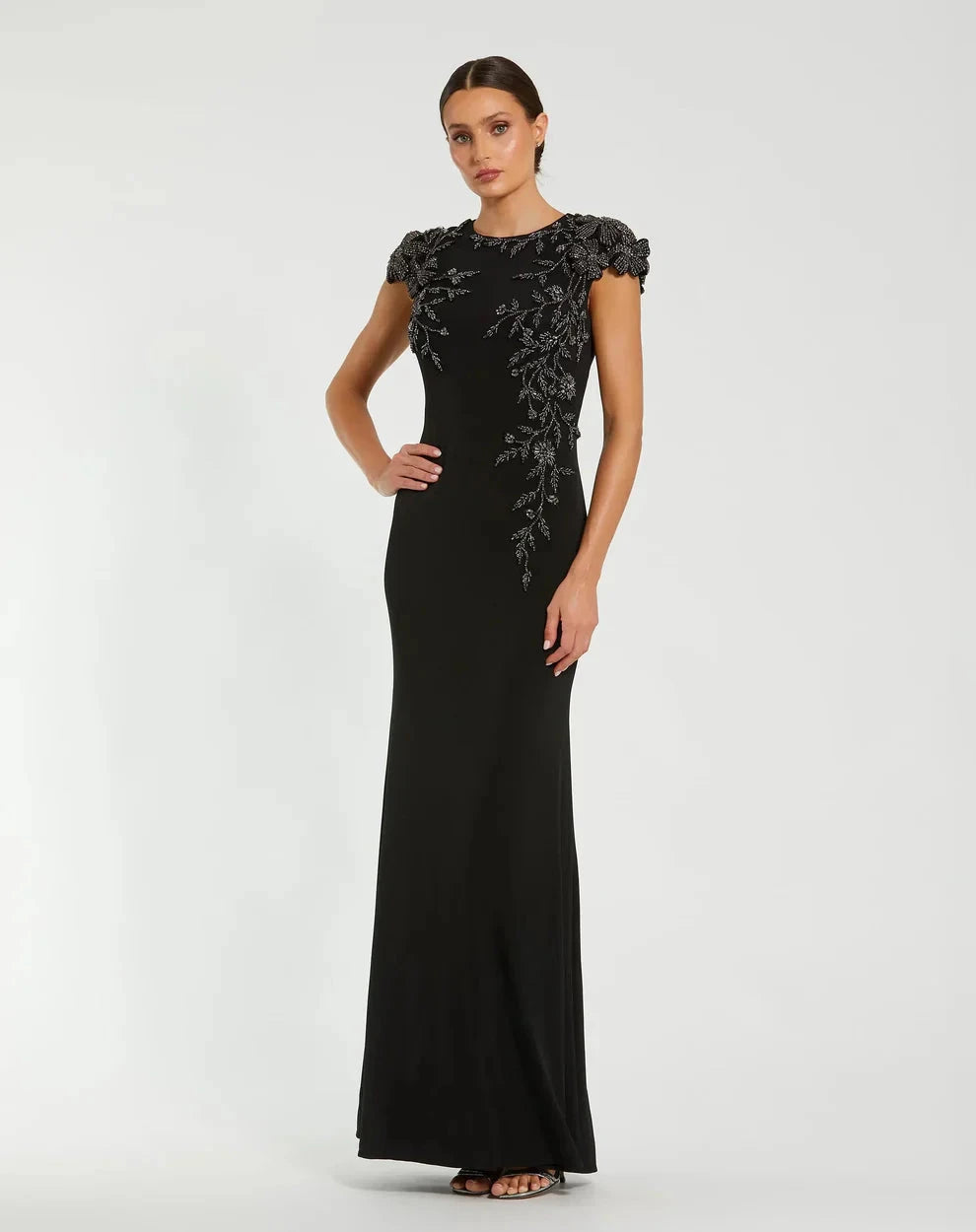Elegant Form-Fitting Round Neck Cap Sleeve Beaded Back Jersey Maxi Evening Dress by LANQI DRESS
