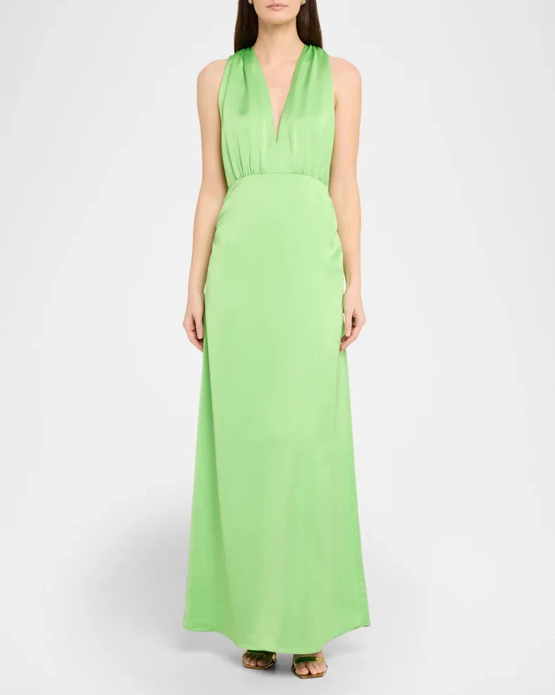 Elegant Fresh Lime Green Satin Column Silhouette Deep V-Neck Sleeveless Halter Tie Back Ruched Waist Floor-Length Evening Dress by LANQI DRESS