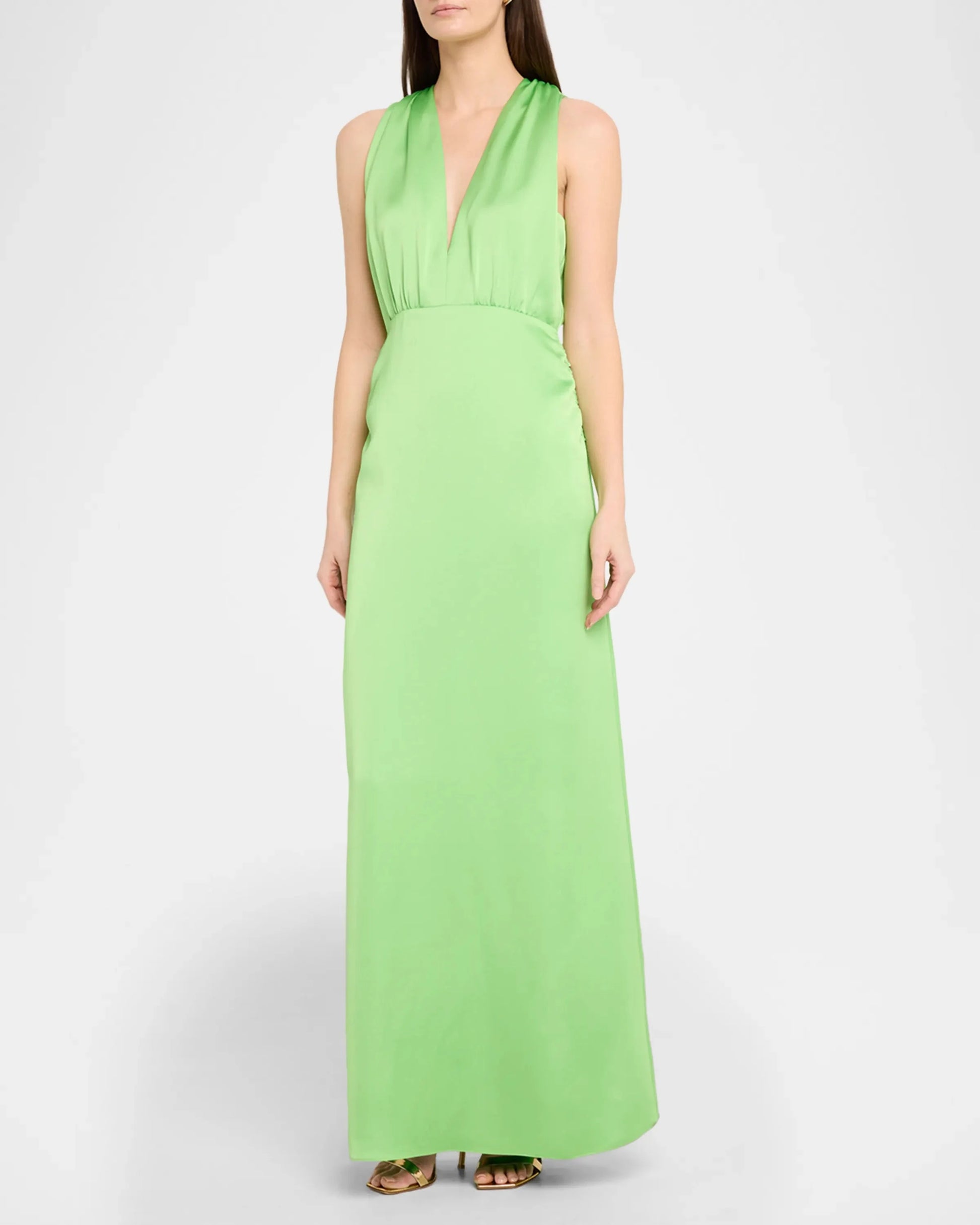 Elegant Fresh Lime Green Satin Column Silhouette Deep V-Neck Sleeveless Halter Tie Back Ruched Waist Floor-Length Evening Dress by LANQI DRESS
