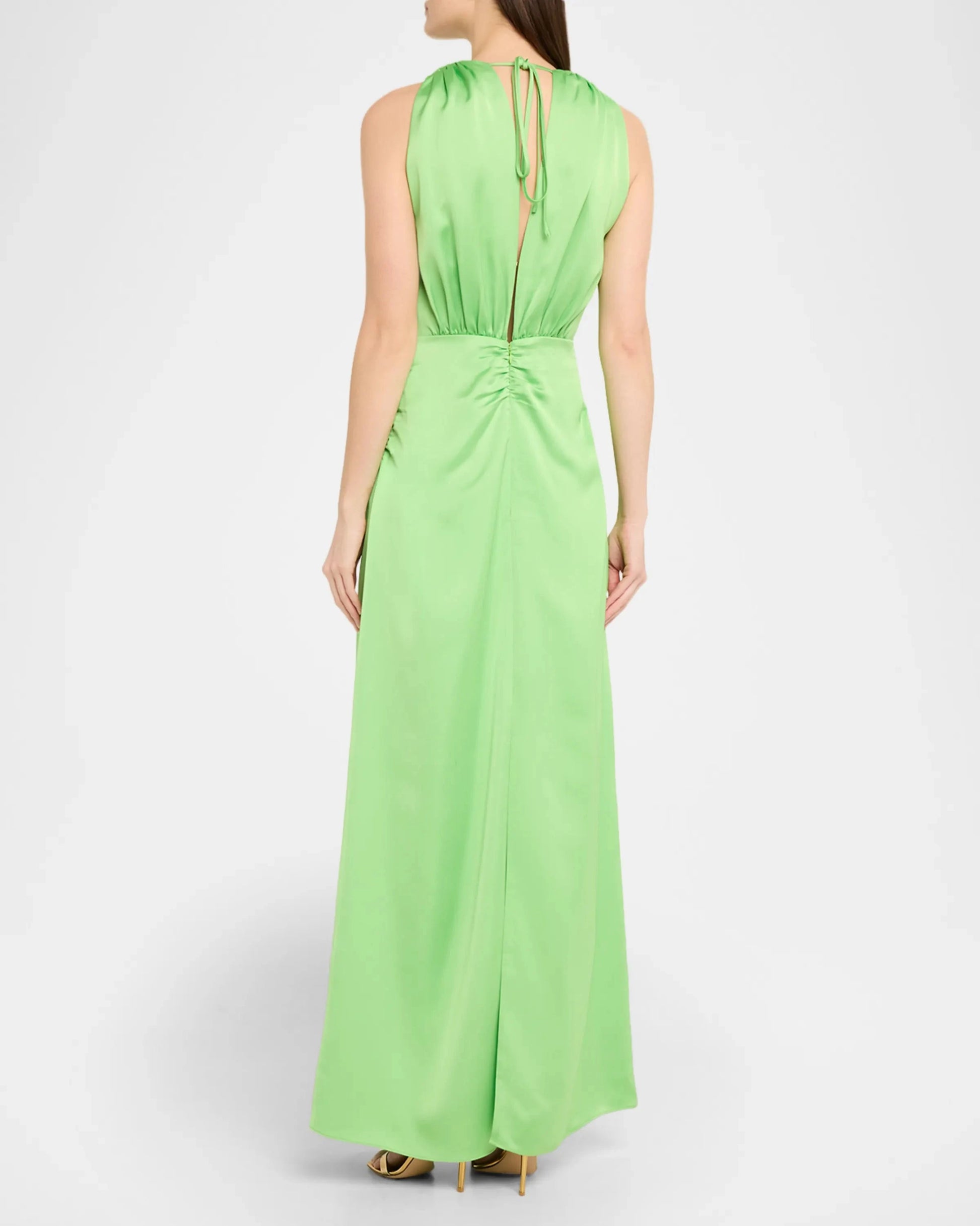 Elegant Fresh Lime Green Satin Column Silhouette Deep V-Neck Sleeveless Halter Tie Back Ruched Waist Floor-Length Evening Dress by LANQI DRESS
