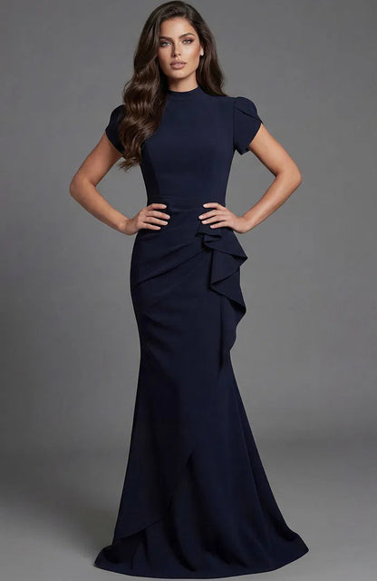 Elegantes vestidos de noche de cuello alto con mangas cortas abullonadas, detalle de volante fruncido y silueta larga de sirena ajustada en crepé, vestido formal
