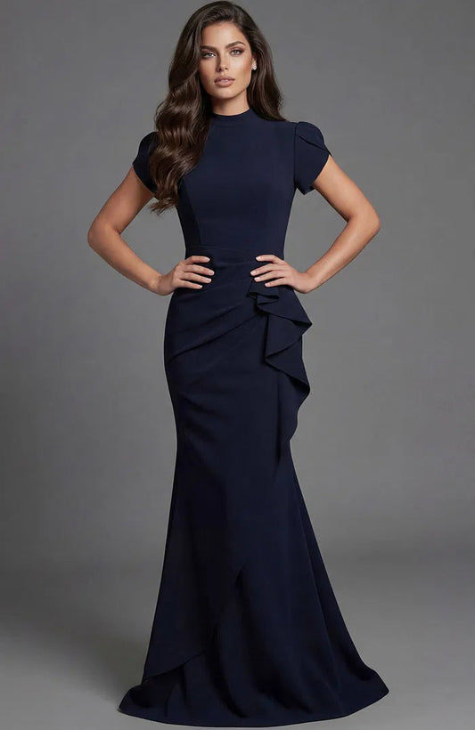 Elegant High-Neck Evening Dresses with Puffed Cap Sleeves, Ruched Ruffle Detail and Form-Fitting Crepe Mermaid Maxi Silhouette Formal Dress