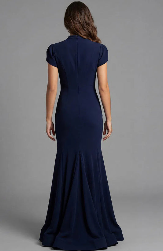 Elegant High-Neck Evening Dresses with Puffed Cap Sleeves, Ruched Ruffle Detail and Form-Fitting Crepe Mermaid Maxi Silhouette Formal Dress