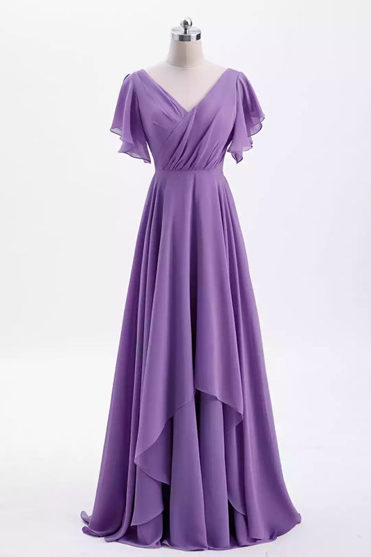 Elegant Lilac Chiffon A-Line Dress with Flutter Sleeves & V-Back