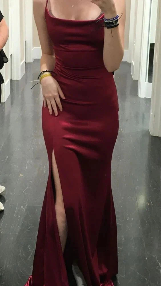Elegant Mermaid Burgundy Slit Satin Long Prom Dress simple gentle atmospheric and unique desi Bring summer colors to enhance whiteness by YiHuiw