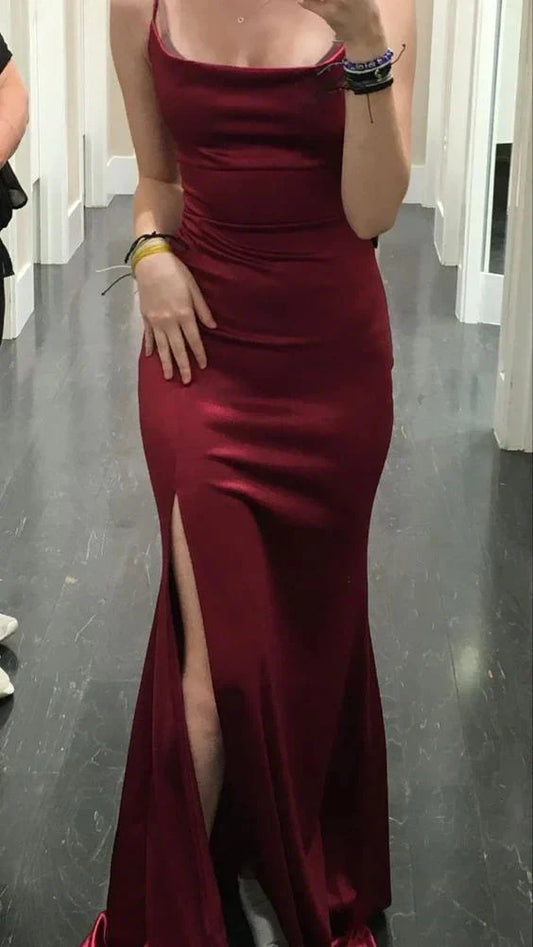 Elegant Mermaid Burgundy Slit Satin Long Prom Dress simple gentle atmospheric and unique desi Bring summer colors to enhance whiteness by YiHuiw
