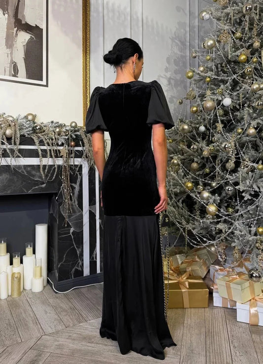 Elegant Mermaid Crew-Neck Puff-Sleeve Velvet-Mix Floor-Length Evening Dress by YiHuiw