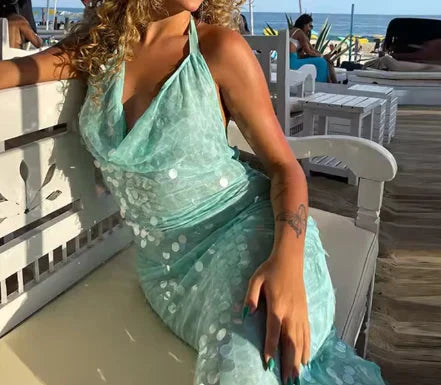 Elegant Mermaid Halter Light Green Sequin Long Prom Dresses Party Dress 21st Birthday Outfits Graduation Dresses by YiHuiw