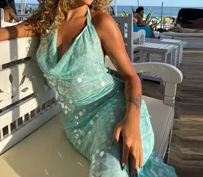 Elegant Mermaid Halter Light Green Sequin Long Prom Dresses Party Dress 21st Birthday Outfits Graduation Dresses by YiHuiw