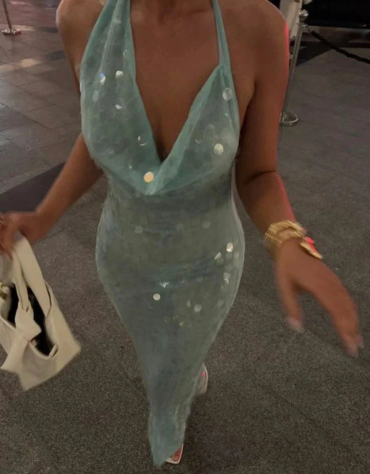 Elegant Mermaid Halter Light Green Sequin Long Prom Dresses Party Dress 21st Birthday Outfits Graduation Dresses by YiHuiw