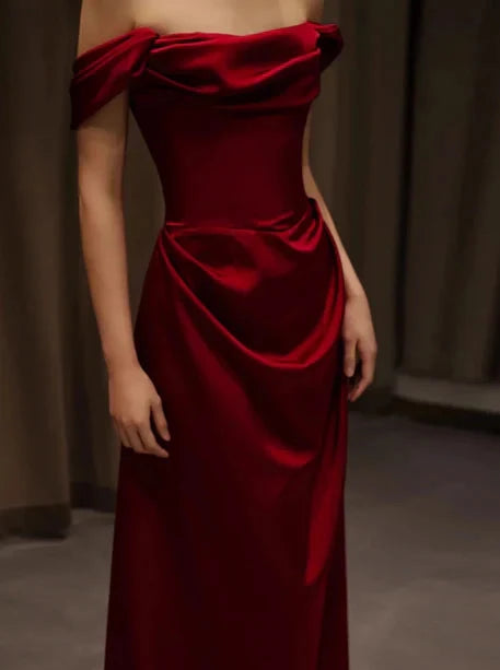 Elegant Mermaid Off The Shoulder Burgundy Satin Prom Dresses Formal Summer Wedding Guest Dresses Wedding Guest Outfits simple gentle atmospheric and unique desi Bring summer colors to enhance whiteness by YiHuiw